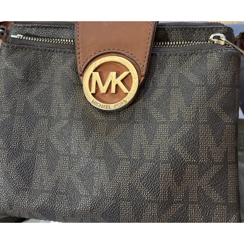 Michael Kors Fulton Messenger Crossbody Purse - Brown and Gold Pebble Leather